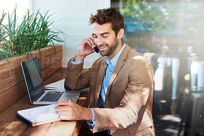 Buy stock photo Businessman, technology and talk on cellphone in coffee shop for phone call, smile and networking. Laptop, male person and notebook in outdoor cafe for writing, communication and mobile device.