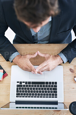 Buy stock photo Hands, above and business man with laptop in desk at office in startup company as legal advisor. Entrepreneur, table and working as lawyer on internet for information, case study and research
