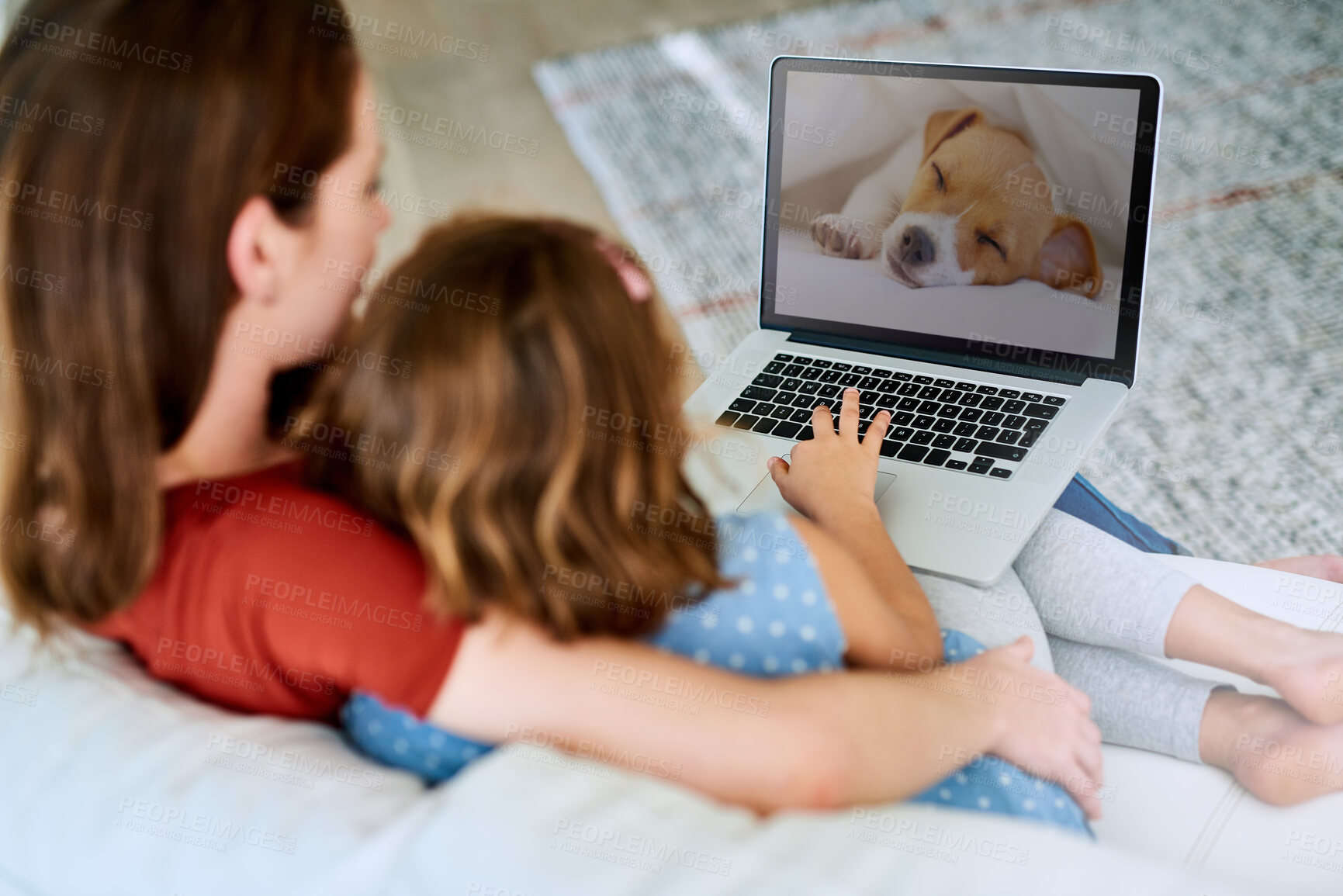 Buy stock photo Pet adoption, laptop and mother with child in home on website for animal shelter or rescue. Family, picture and happy mom with girl on computer with online application for puppy, dog and companion