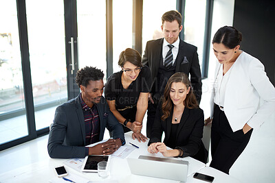 Buy stock photo Collaboration, teamwork and business people in office with computer for discussion, planning and brainstorming ideas. Team, creative and employees with laptop for connection, tech or startup project