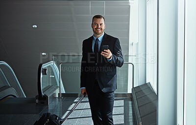 Buy stock photo Travel, portrait or businessman in airport with phone, luggage or suitcase on social media. Booking, happy entrepreneur or corporate worker texting to chat on mobile app on international flight 