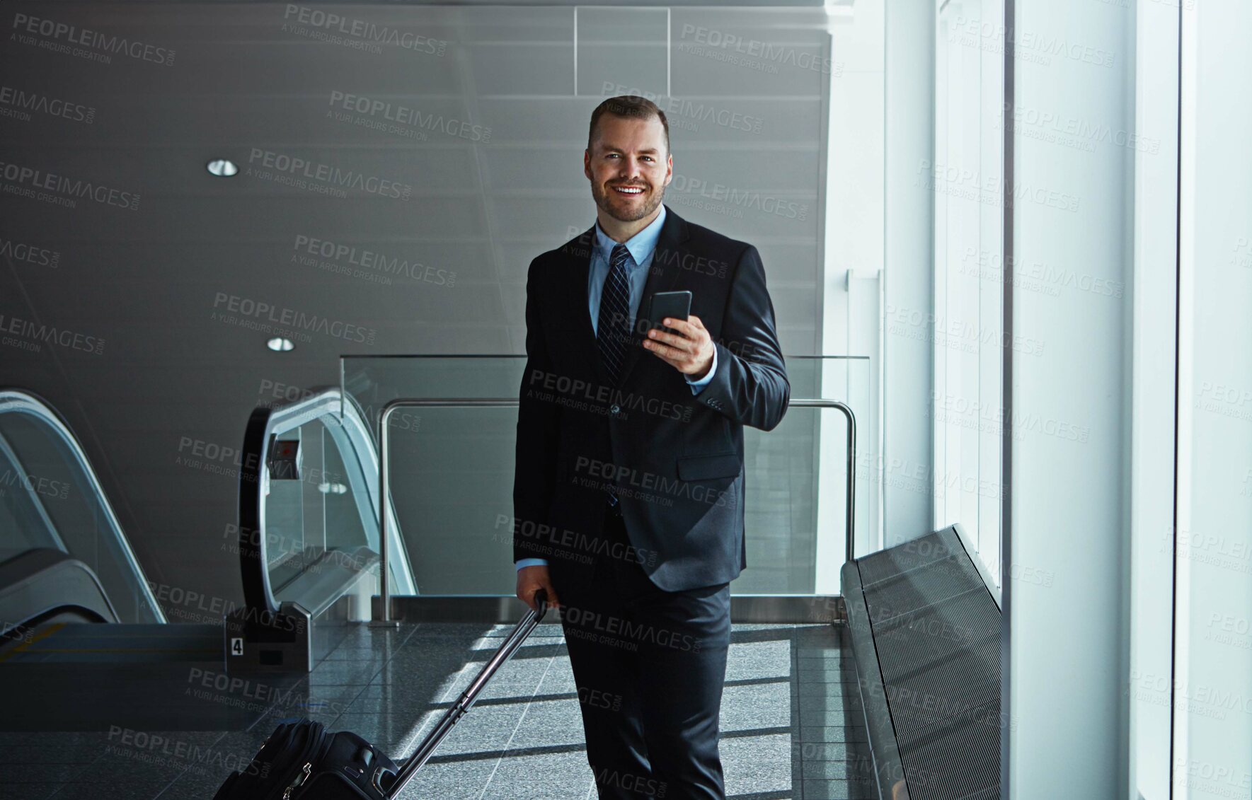 Buy stock photo Travel, portrait or businessman in airport with phone, luggage or suitcase on social media. Booking, happy entrepreneur or corporate worker texting to chat on mobile app on international flight 