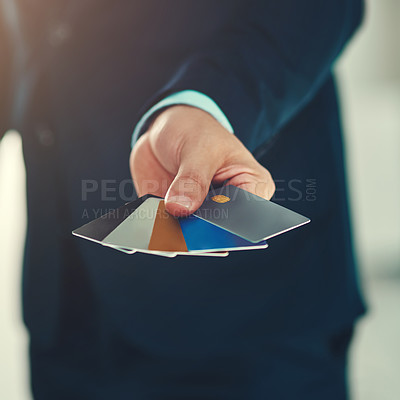 Buy stock photo Financial advisor, hand and credit card in bank for wireless transaction, credit score and accounting. Businessman, payment and e commerce in workplace for payment authorisation, debit and sales