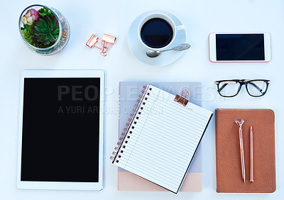 Buy stock photo Tablet, smartphone and notebook or above, student workspace and mockup for online elearning station. Blog, pen and technology aesthetic for social media, website and internet display with coffee