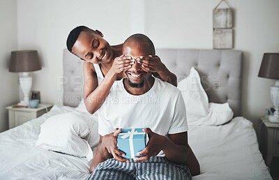 Buy stock photo Surprise, gift and couple in bedroom with box for anniversary, valentines day or birthday celebration. Love, dating and black woman cover eyes of man for present for romance, affection and bonding