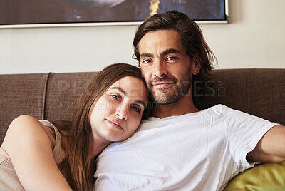 Buy stock photo Portrait, relax and couple on couch, home and love with happiness, romance and marriage. Face, apartment and man with woman, embrace and relationship with weekend break, lazy and peace with support