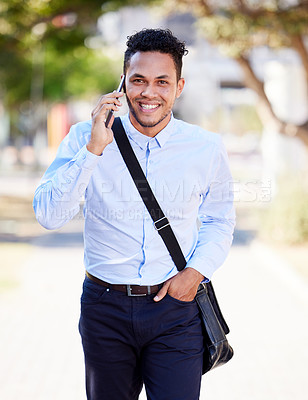 Buy stock photo Smartphone, portrait and businessman in city and phone call for business networking and commute to corporate company. Man or entrepreneur, happy and cellphone for communication and professional.