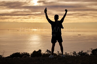 Buy stock photo Celebration, victory and athlete on hill, outdoor and nature of park, excited and happy for success. Fitness, energy and workout for person, morning and silhouette of runner, healthy and exercise