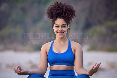 Buy stock photo Yoga, lotus and happy woman at beach for exercise, fitness or wellness of healthy body in summer. Padmasana, sea and girl in nature for zen, peace and thinking of calm mindfulness outdoor to relax