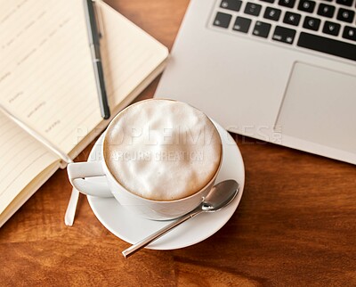 Buy stock photo Top view, notebook and laptop on table with coffee in morning for daily routine to start business work. Caffeine beverage, desk and technology for internet, research and journal for schedule or notes