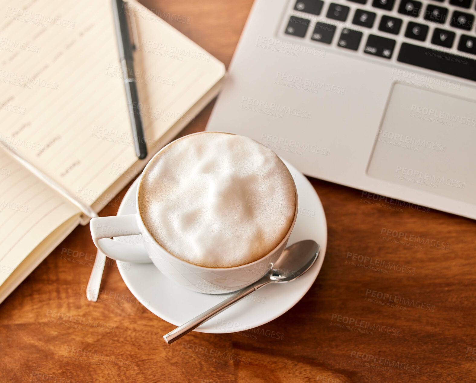 Buy stock photo Top view, notebook and laptop on table with coffee in morning for daily routine to start business work. Caffeine beverage, desk and technology for internet, research and journal for schedule or notes