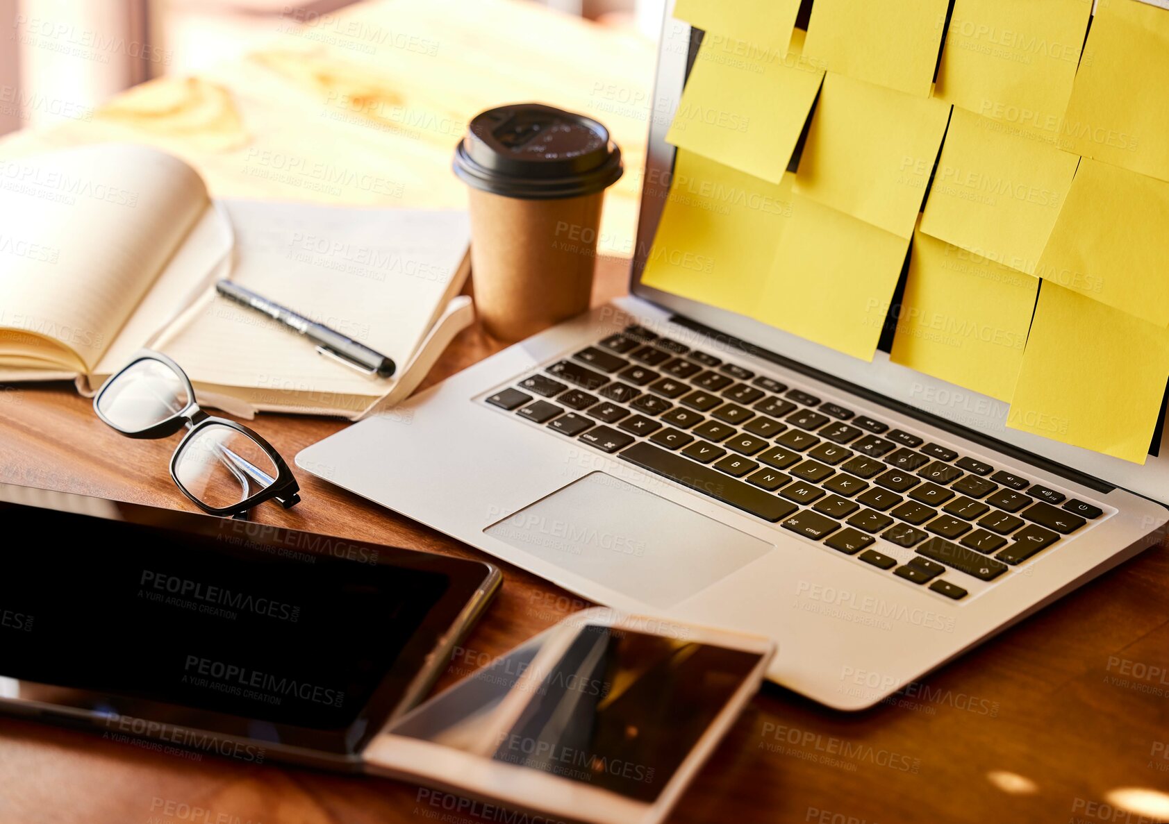 Buy stock photo Desk, technology and screen with office for tasks or strategy to brainstorm for business work. Coffee, paper and sticky notes with internet for research and journal for schedule or planning.