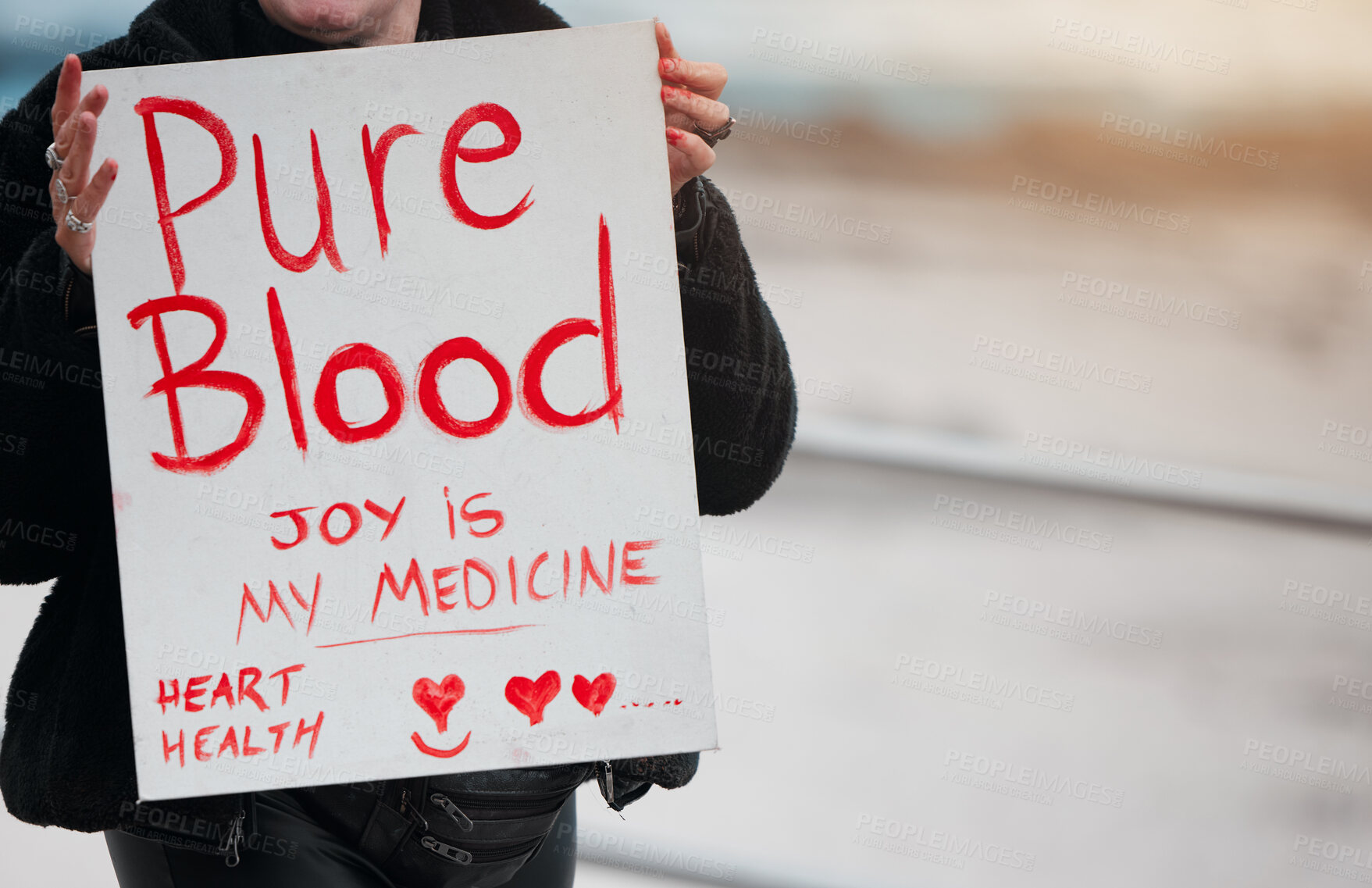 Buy stock photo Person, poster and protest in street for vaccine, covid and opinion with sign, medical and human rights. Hands, paper and board with text, choice and decision for health, heart and drugs for blood