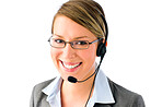 Woman wearing headset. Woman in call center wearing headset