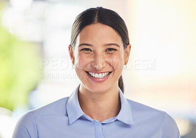 Buy stock photo Portrait, professional woman and happy in career, personal assistant or receptionist with pride and ambition. Face, smile and excited for company in positive mood, confidence and corporate employee