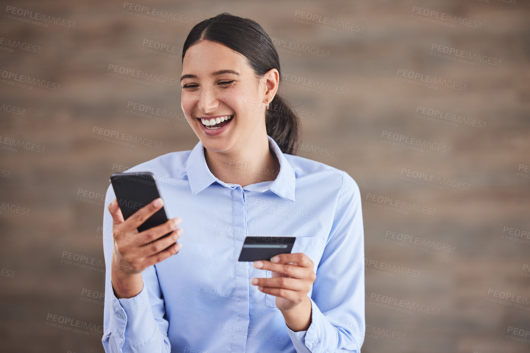 Buy stock photo Business person, phone and online shopping in an office with tech break, buying and store website scroll. Company, technology and mobile of a professional with purchase and digital app of worker