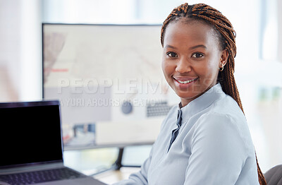 Buy stock photo Portrait, business and black woman with computer, office and startup for journalist, research for story and smile. Face, African person or employee with laptop, magazine editor or writer with project