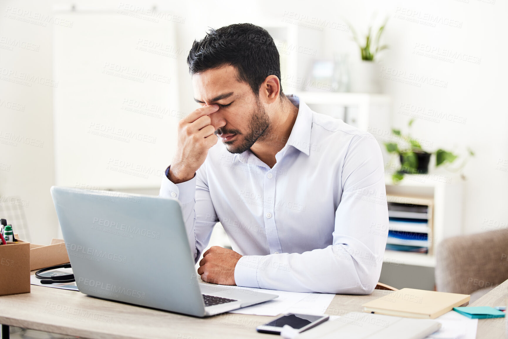 Buy stock photo Business man, headache and laptop in office with stock market crash and financial problem. Stress, anxiety and burnout of a banker and professional with accounting risk and audit report or debt