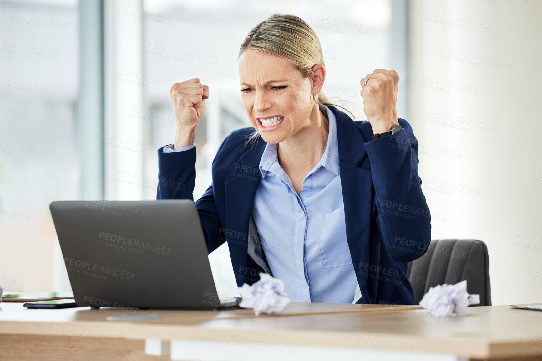 Buy stock photo Angry, woman and laptop in office with frustrated accountant with audit problem and issue. Stress, accounting report and work mistake with technology and fist from anxiety of employee at desk