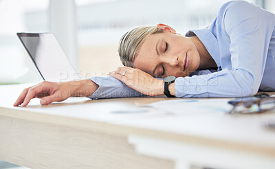 Buy stock photo Sleeping, office and business woman with rest from burnout and deadline work at a company. Tired, sleepy and dreaming professional at a desk with nap from working on a accounting project for audit 