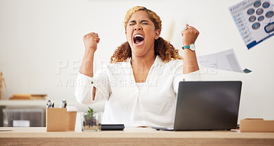 Buy stock photo Angry, shout and business woman with laptop for online error, mistake and fail for problem in workplace. Professional, corporate and person frustrated, stressed out and upset in office for burnout