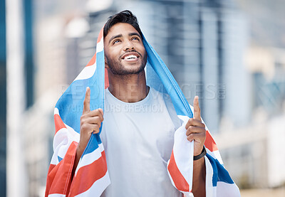 Buy stock photo Happy man, fitness and celebration with flag in city of United Kingdom for winning competition, race or sport. Excited male person, runner or athlete with smile or thanking god for British victory