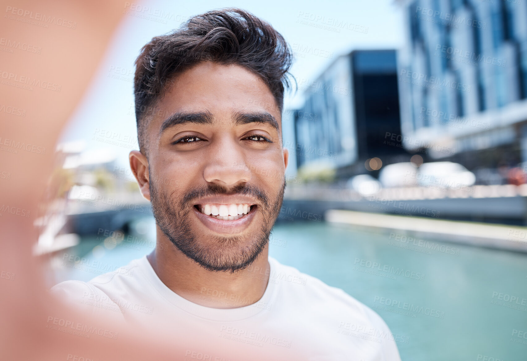 Buy stock photo Happy man, portrait and selfie with memory by water, river or pond for travel, picture or photography in city. Young male person or tourist with smile for sightseeing, review or moment in Los Angeles