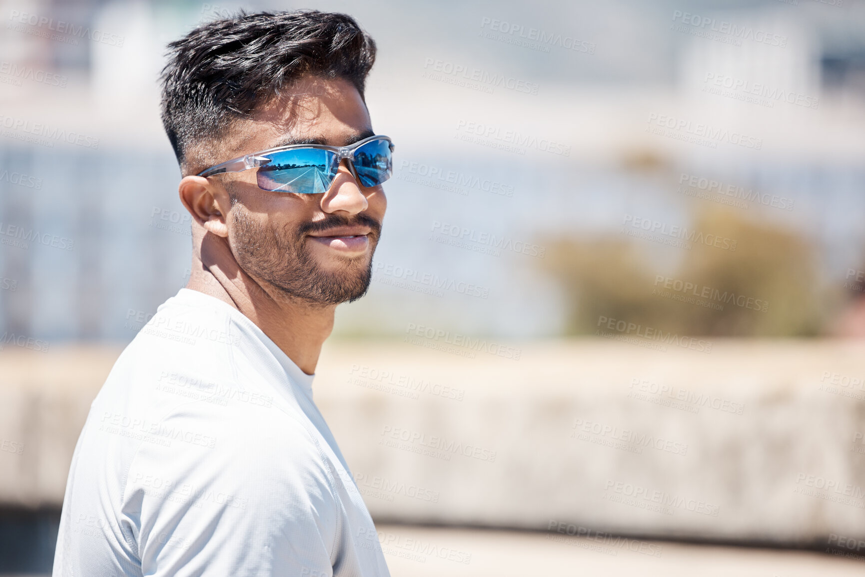 Buy stock photo Happy man, sunglasses and athlete with fashion in city for outdoor fitness, health or wellness. Male person or runner with smile, eye protection or reflection from sun or summer workout in urban town