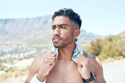 Buy stock photo Fitness, thinking and body of man in road for running, wellness or marathon training in nature. Face, mindset and Indian athlete outdoor with workout resilience, progress or exercise attitude