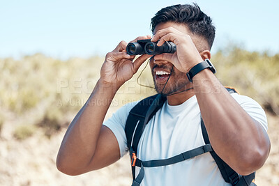 Buy stock photo Man, binocular and bird watching with search while hiking outdoor, happy surprise or reaction for travel in nature. Adventure, journey and backpacking holiday, expression and trekking for sightseeing