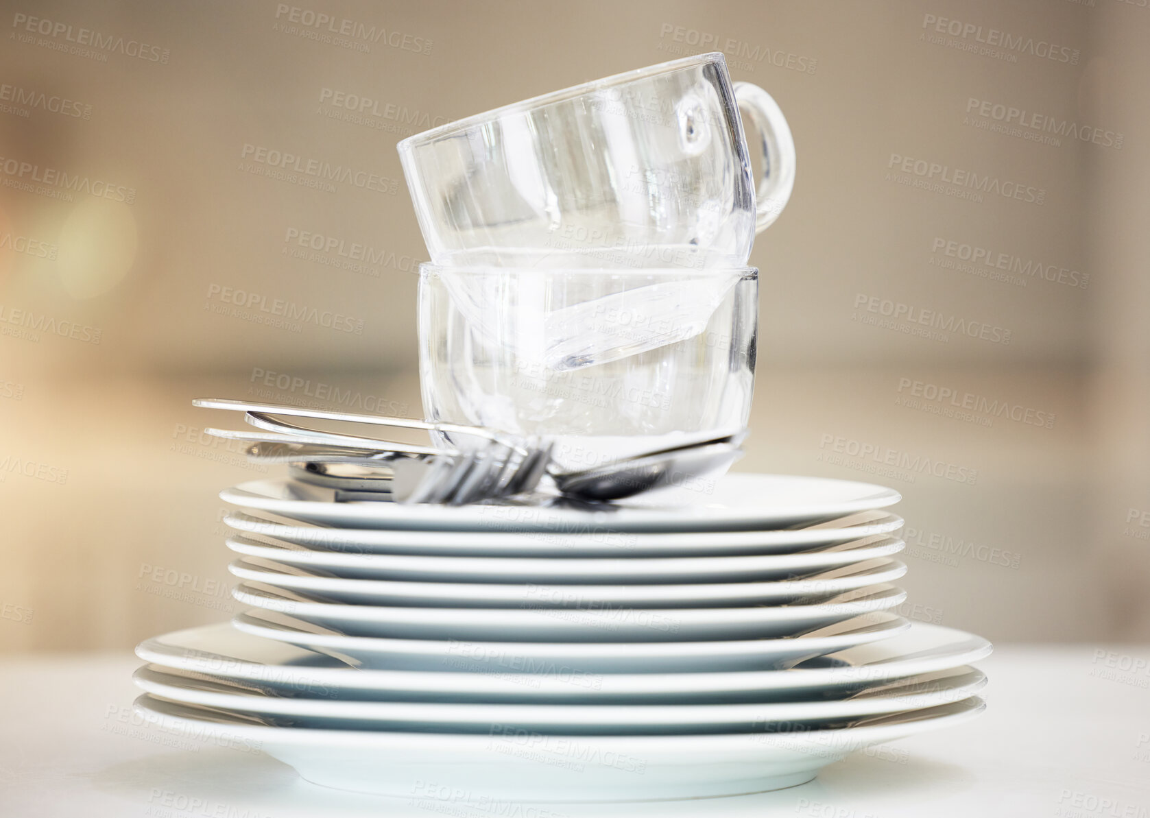 Buy stock photo Stack, clean dishes and cups with cutlery for catering, household and tableware for dinner meal at home. Kitchen, dining room or restaurant with ceramic kitchenware for food with luxury serving