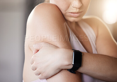 Buy stock photo Arm pain, stress and hands of fitness woman at gym with anatomy, risk or emergency after training, exercise or cardio. Shoulder, injury and athlete with joint inflammation from intense body workout