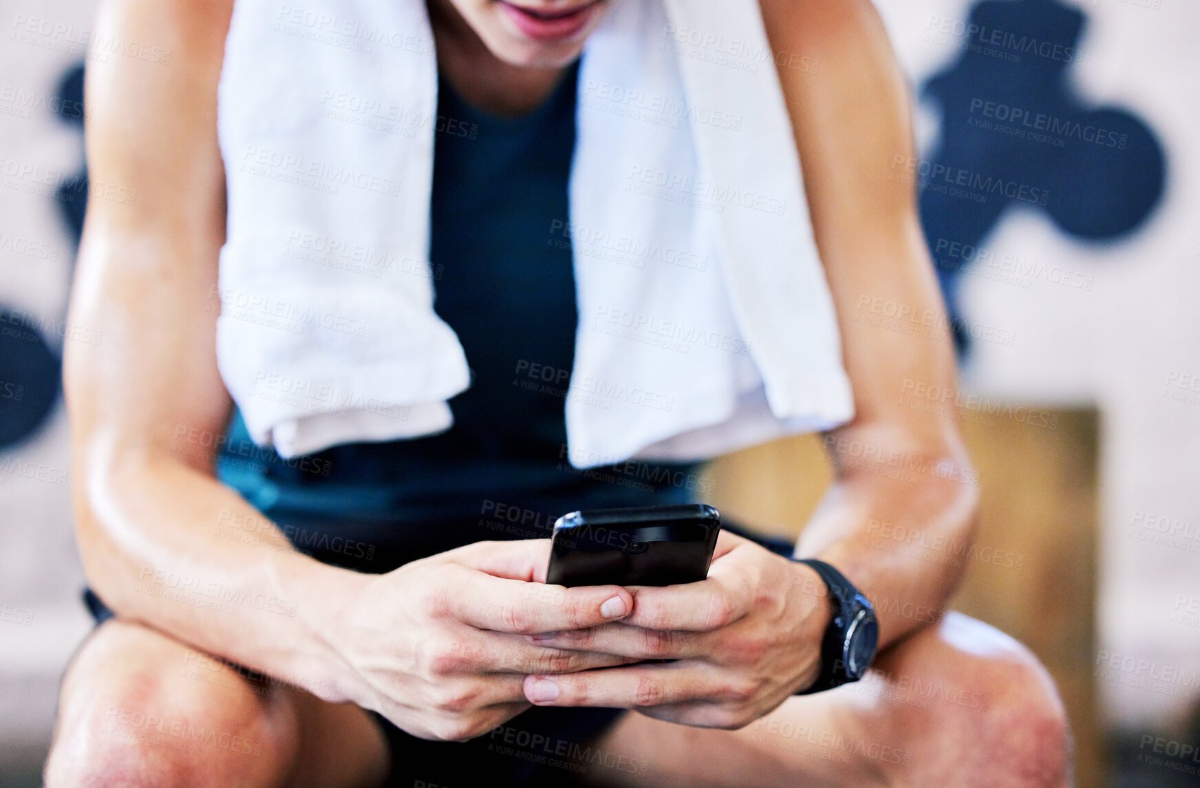 Buy stock photo Gym, hands and man on cellphone for break, rest and fitness in wellness area. Breathe, workout and sports athlete for exercise and training, health and typing or scroll on social media or internet