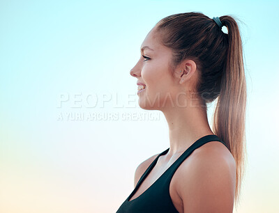 Buy stock photo Fitness, thinking and happy woman on blue sky background for running, mindset and morning cardio in nature. Wellness, profile and runner with positive attitude outdoor for sports, workout or training