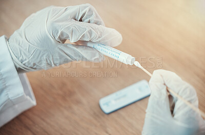 Buy stock photo Hands, testing and doctor with virus swab and sample for medical work in hospital. Nurse, gloves and laboratory tube  for illness and disease research of healthcare professional with pathology study