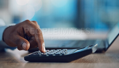 Buy stock photo Calculator, laptop and hands of business person in office for finance, profit growth and accounting at desk. Corporate, accountant and closeup of worker with stationery for financial report or review