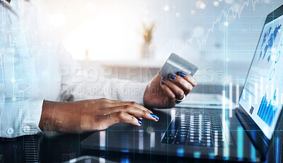 Buy stock photo Hands, credit card and abstract laptop finance for black woman in stock market trading, investment management or global insurance accounting. Zoom, financial worker and technology 3d chart on fintech
