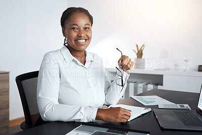Buy stock photo Corporate black woman, office and smile in finance, vision and happy with laptop, desk or documents. African financial advisor, money expert and planning with computer, graph or research stock market