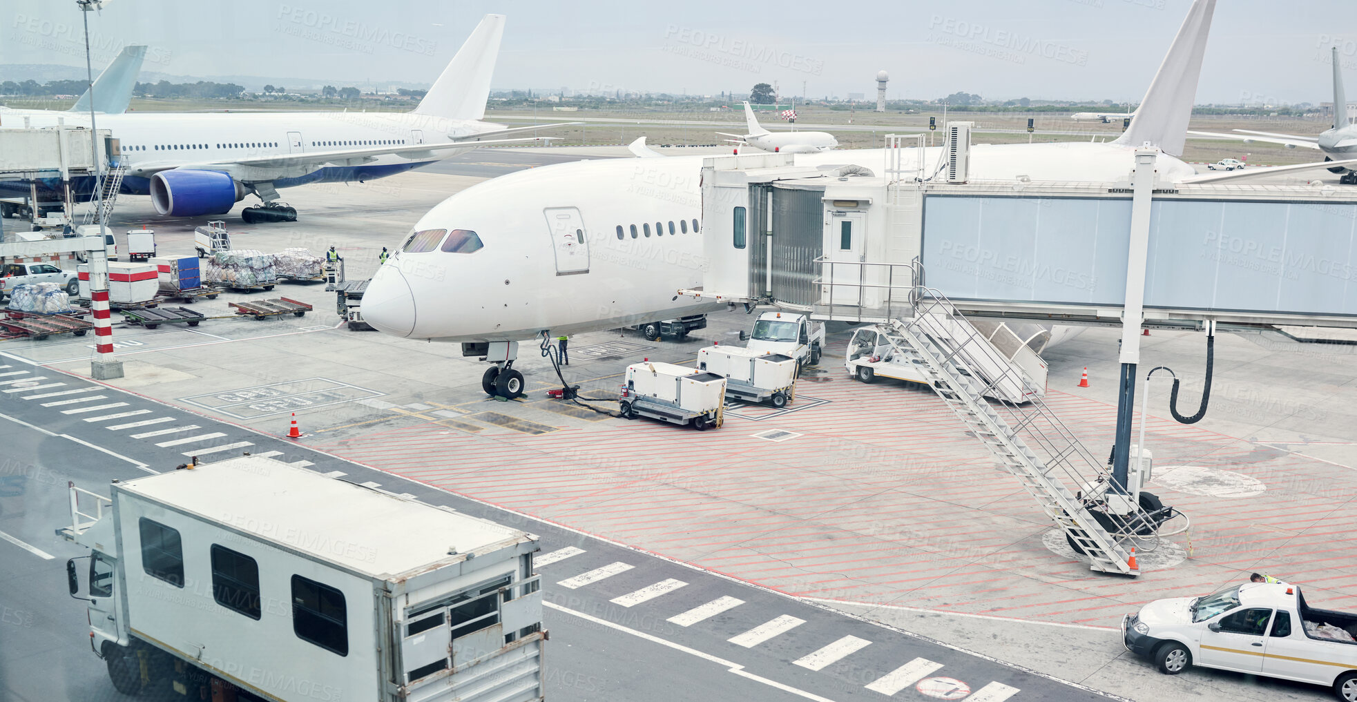 Buy stock photo Airport runway, travel and cargo for airplane for takeoff, international flight and commercial transportation. Air transport, global destination and plane loading baggage, luggage and boarding