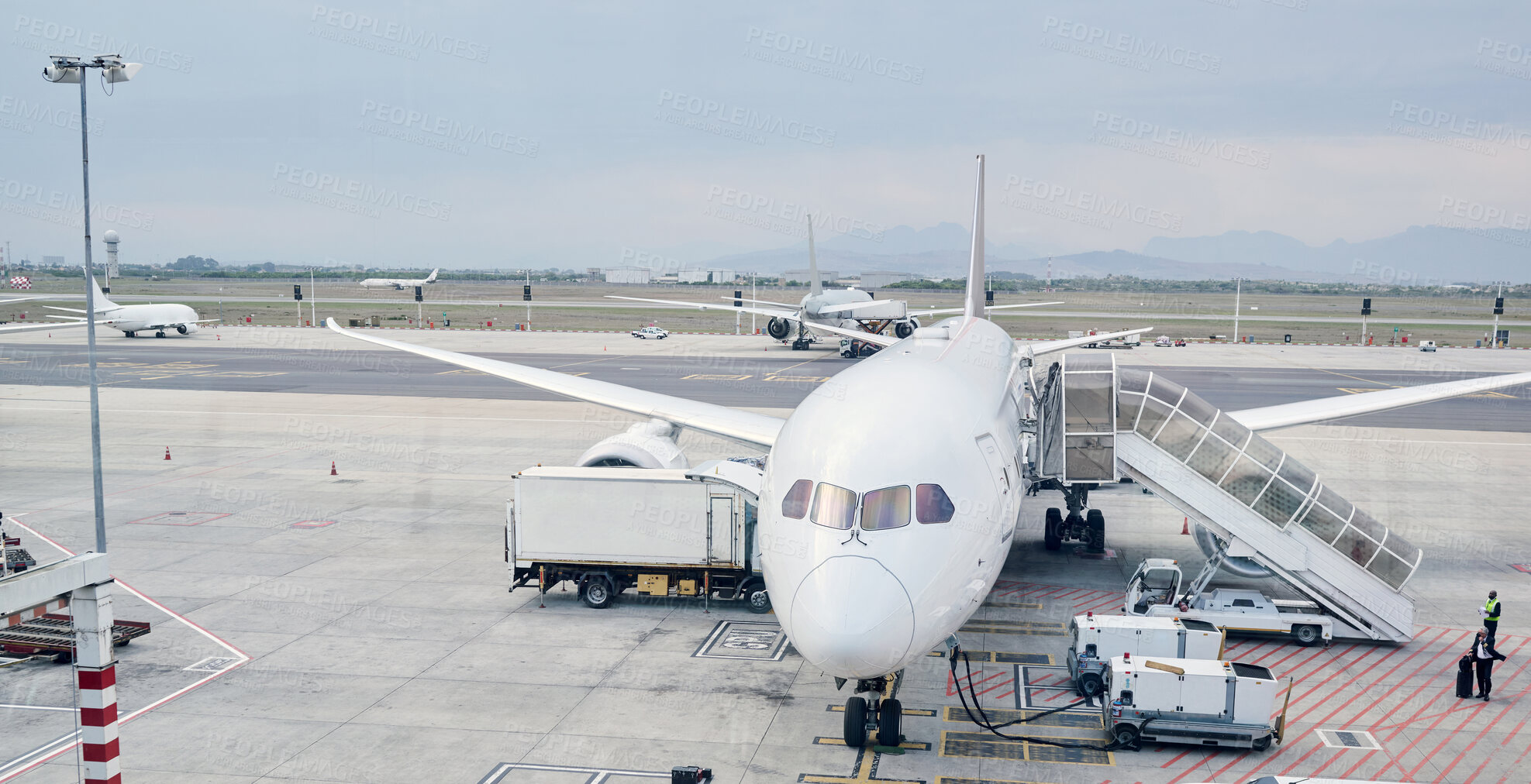 Buy stock photo Airport runway, global travel and airplane ready for takeoff, international flight and commercial transportation. Air transport, journey and plane at terminal loading cargo, baggage and luggage