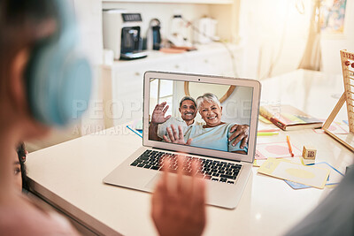 Buy stock photo Video call, laptop screen and family wave hello for virtual communication of grandparents, mother and child at home. International, online discussion and happy, senior biracial people talking 