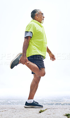 Buy stock photo Senior man, fitness and stretching for workout, outdoor exercise or training in nature. Mature male person, wellness or runner in body warm up or stretch getting ready for running, trekking or hiking