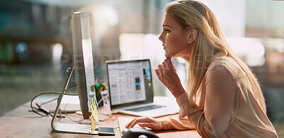 Buy stock photo Office, thinking and woman at computer for research, ideas and checking article for online report. Reading, typing and businesswoman at desk with technology, website and database for growth analytics