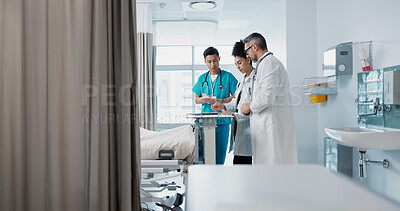 Buy stock photo Healthcare, hospital and a medical team of doctors checking on a patient in recovery or rehabilitation. Medicine, teamwork and consulting with a group of health professionals in a clinic for wellness