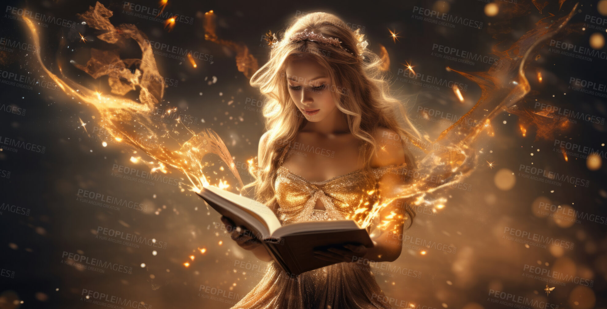 Buy stock photo Fairy reading a book, magic and fantasy for spiritual, library or mythology on a dark backdrop. Fairytale imagination, storytelling and magical story literature for learning, development or school