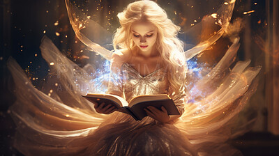 Fairy reading a book, magic and fantasy for spiritual, library or mythology on a dark backdrop. Fairytale imagination, storytelling and magical story literature for learning, development or school