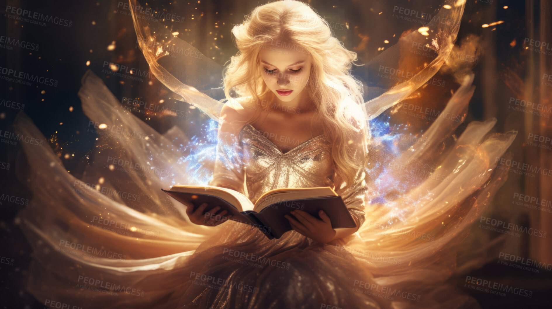 Buy stock photo Fairy reading a book, magic and fantasy for spiritual, library or mythology on a dark backdrop. Fairytale imagination, storytelling and magical story literature for learning, development or school