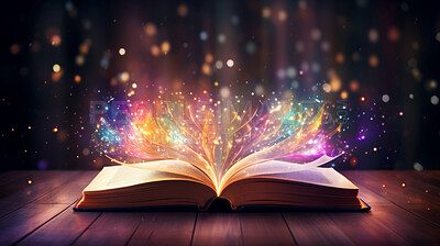 Education, fantasy and spiritual with book and light on table for fairytale, imagination and night. Glitter, storytelling and story literature on a dark background for learning, development or school