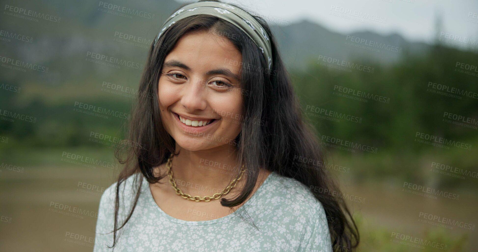 Buy stock photo Nature, smile and face of young woman on vacation, weekend trip or adventure in a forest. Happy, travel and portrait of female person from Mexico with positive and good attitude for outdoor adventure