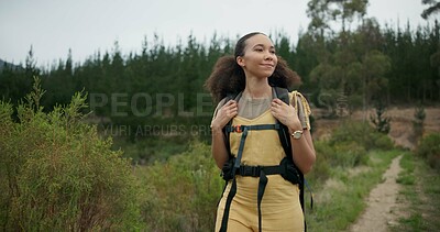 Woman, walking in forest for hiking and adventure outdoor with backpack, peace and calm for travel. Trekking, journey and fitness, health and wellness with sightseeing in nature park with environment